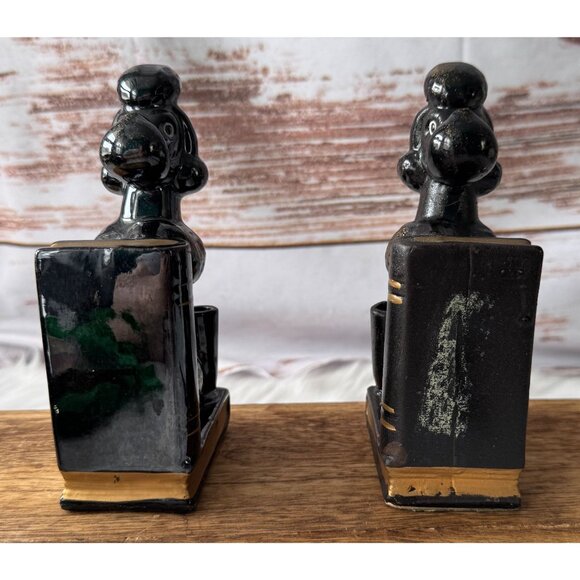 Vintage Pair of Black Ceramic Poodle Bookends With Gold Detailing MCM - Picture 4 of 10